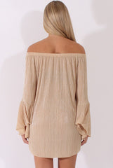 Champagne Metallic Bardot Pleated Bell Sleeves Dress - Lilja