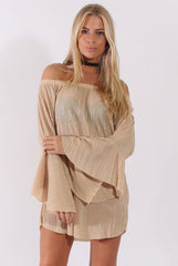 Champagne Metallic Bardot Pleated Bell Sleeves Dress - Lilja