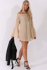 Champagne Metallic Bardot Pleated Bell Sleeves Dress - Lilja