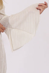 White Metallic Bardot Pleated Bell Sleeves Dress - Lilja