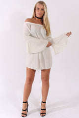 White Metallic Bardot Pleated Bell Sleeves Dress - Lilja