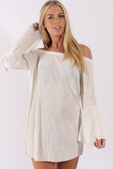 White Metallic Bardot Pleated Bell Sleeves Dress - Lilja