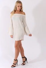 White Metallic Bardot Pleated Bell Sleeves Dress - Lilja