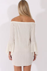 White Metallic Bardot Pleated Bell Sleeves Dress - Lilja