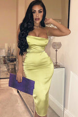 Lime Green Satin Cowl Neck Midi Bodycon Dress - Liliana
