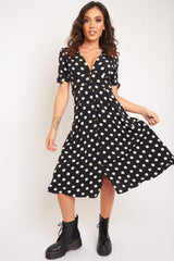 Black Polka Dot Button Front Midi Dress - Prima