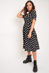 Black Polka Dot Button Front Midi Dress - Prima