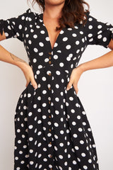 Black Polka Dot Button Front Midi Dress - Prima
