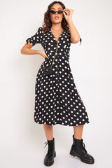 Black Polka Dot Button Front Midi Dress - Prima