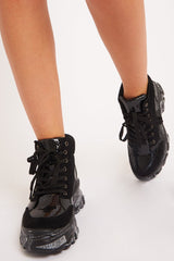 Black Faux Croc Patent Slogan Printed Sole Boots - Maddyson