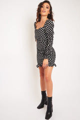Black Polka Dot Ruched Milkmaid Dress - Neave