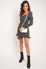 Black Polka Dot Ruched Milkmaid Dress - Neave