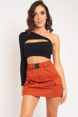 Black Ribbed One Sleeve Cut Out Crop Top - Charae