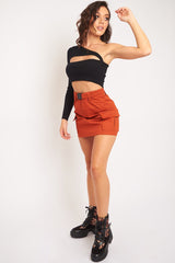 Black Ribbed One Sleeve Cut Out Crop Top - Charae
