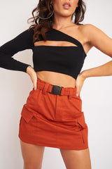 Black Ribbed One Sleeve Cut Out Crop Top - Charae