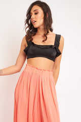 Black Satin Frill Detail Cup Style Crop Top - Elani