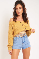 Camel Chunky Knit Button Up Crop Cardigan - Elly