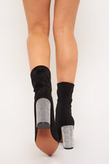 Black Faux Suede Diamante Heel Sock Boot - Graylin