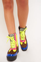Multi Neon Animal Print Military Style Lace Up Boots - Inari