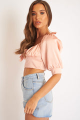 Rose Satin Tie Front Crop Top - Jasie