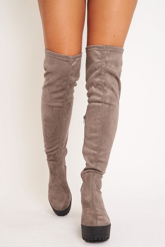 Grey Suede Platform Knee High Boots - Sandy