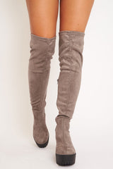 Grey Suede Platform Knee High Boots - Sandy