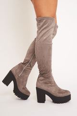 Grey Suede Platform Knee High Boots - Sandy