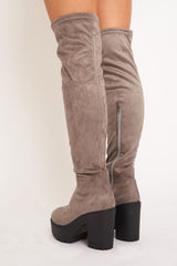 Grey Suede Platform Knee High Boots - Sandy