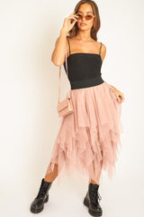 Pink Layered Tulle Midi Skirt - Laveta