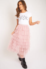 Light Pink High Waisted Tulle Ruffle Midi Skirt - Aaliyana