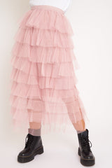 Light Pink High Waisted Tulle Ruffle Midi Skirt - Aaliyana