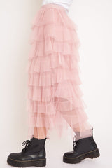 Light Pink High Waisted Tulle Ruffle Midi Skirt - Aaliyana