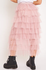 Light Pink High Waisted Tulle Ruffle Midi Skirt - Aaliyana