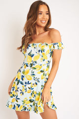 Blue Lemon Print Ruffle Summer Dress - Ashley