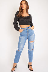 Black Shirred Long Sleeve Strap Back Detail Crop Top -Traniyah