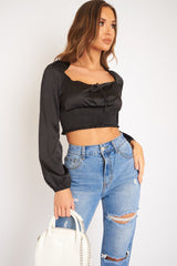 Black Shirred Long Sleeve Strap Back Detail Crop Top -Traniyah