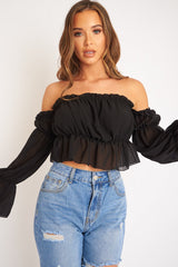 Black Mesh Gypsy Style Bardot Crop Top - Ammie