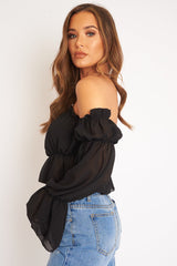 Black Mesh Gypsy Style Bardot Crop Top - Ammie