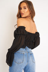 Black Mesh Gypsy Style Bardot Crop Top - Ammie