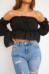 Black Mesh Gypsy Style Bardot Crop Top - Ammie
