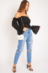 Black Mesh Gypsy Style Bardot Crop Top - Ammie