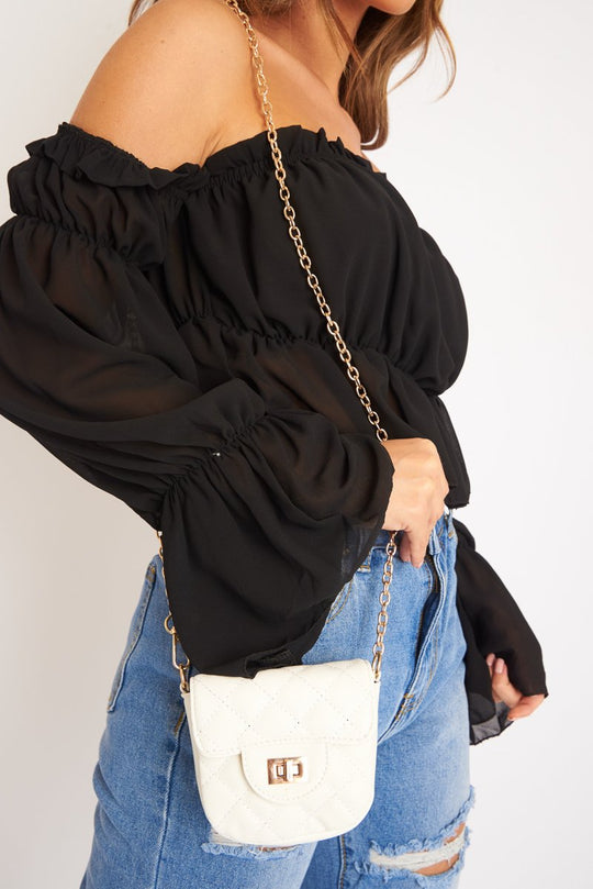 White Quilted Gold Chain Strap Mini Bag - Sari