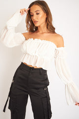 White Mesh Gypsy Style Bardot Crop Top - Ammie
