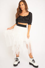 White Layered Tulle Midi Skirt - Laveta