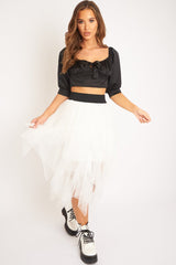 Black Satin Tie Front Crop Top - Jasie