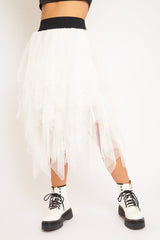 White Layered Tulle Midi Skirt - Laveta