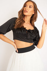 Black Satin Tie Front Crop Top - Jasie