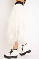 White Layered Tulle Midi Skirt - Laveta