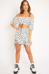 White Black Ruched Frill Heart Print Crop Top and Skirt Co-ord - Skyelar