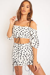 White Black Ruched Frill Heart Print Crop Top and Skirt Co-ord - Skyelar